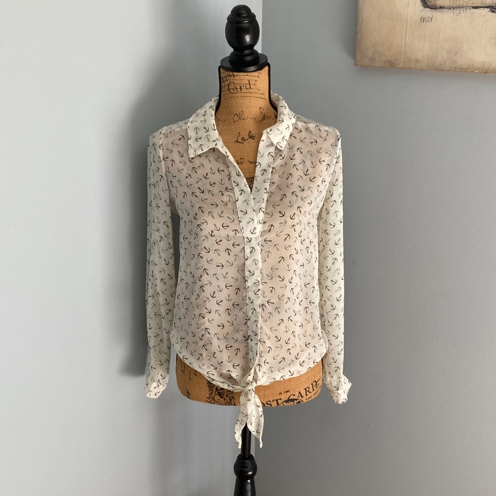 Vintage Havana Sheer Blouse with Anchor Print Women Size XS/S